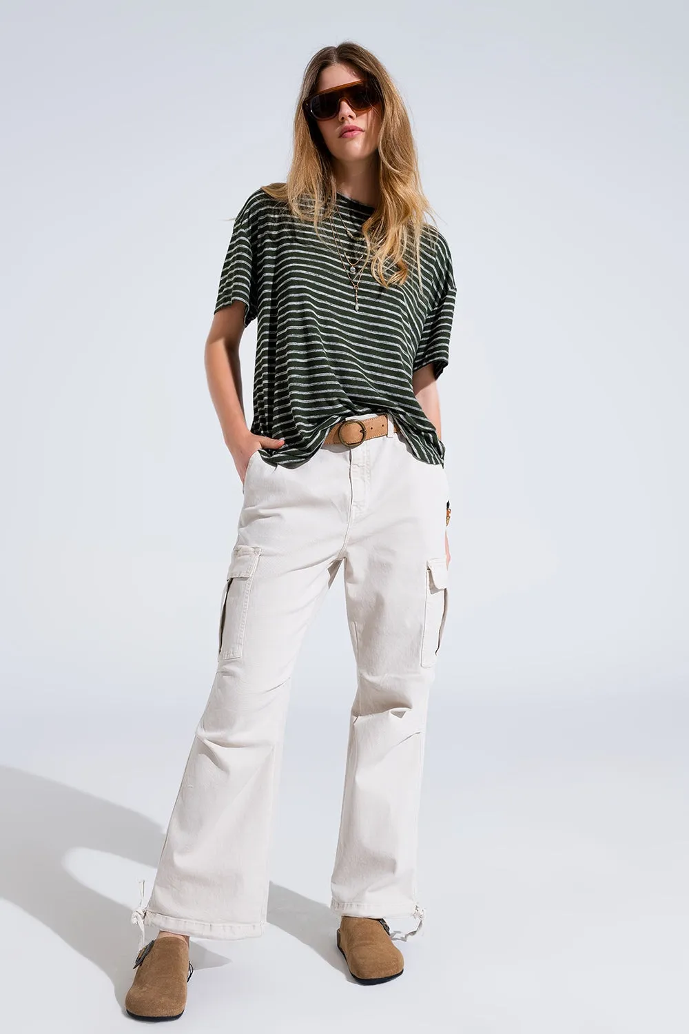 Relaxed Striped T-shirt With Crew Neckline In Khaki