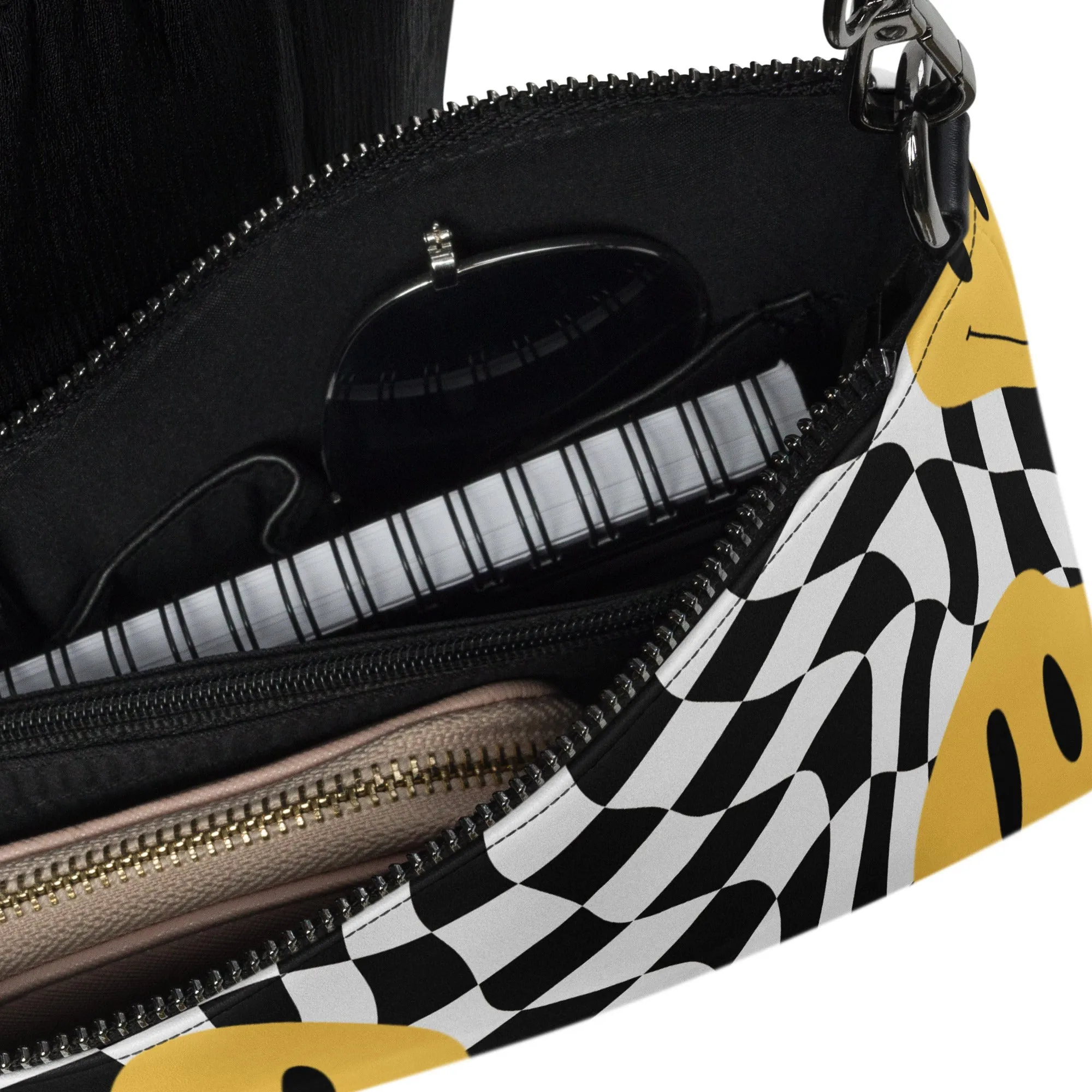 Retro Black & White Checkered Smiley Face Crossbody Bag