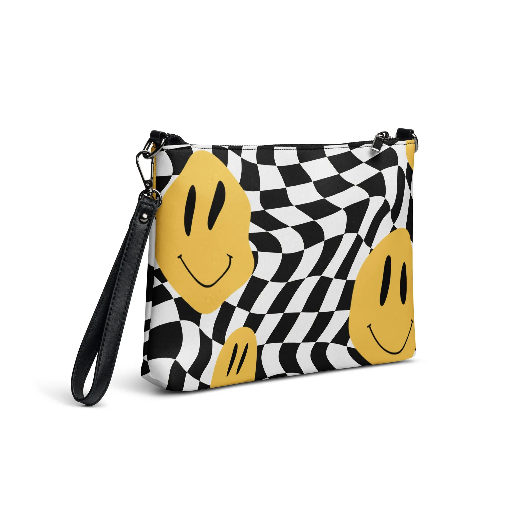 Retro Black & White Checkered Smiley Face Crossbody Bag