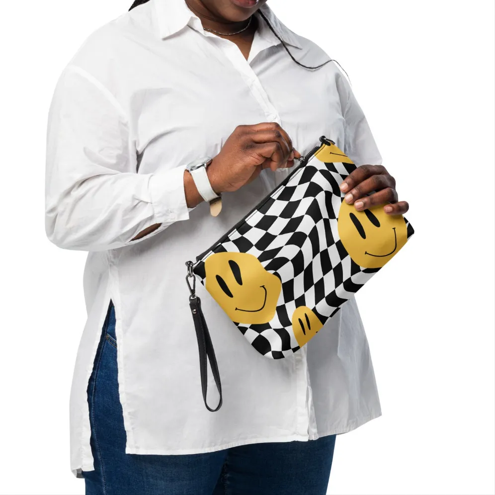 Retro Black & White Checkered Smiley Face Crossbody Bag