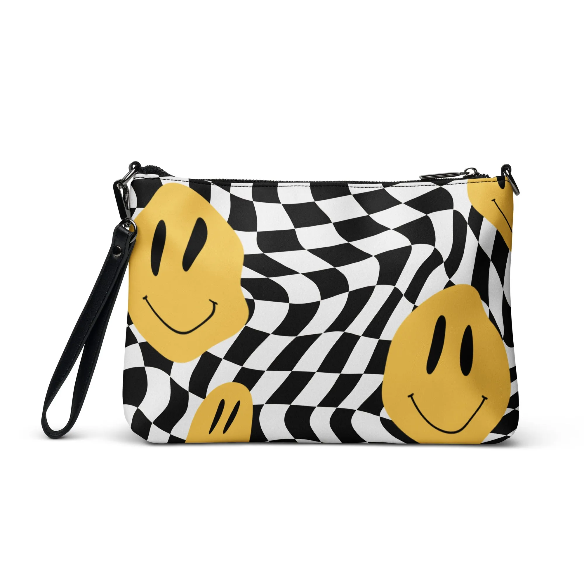 Retro Black & White Checkered Smiley Face Crossbody Bag