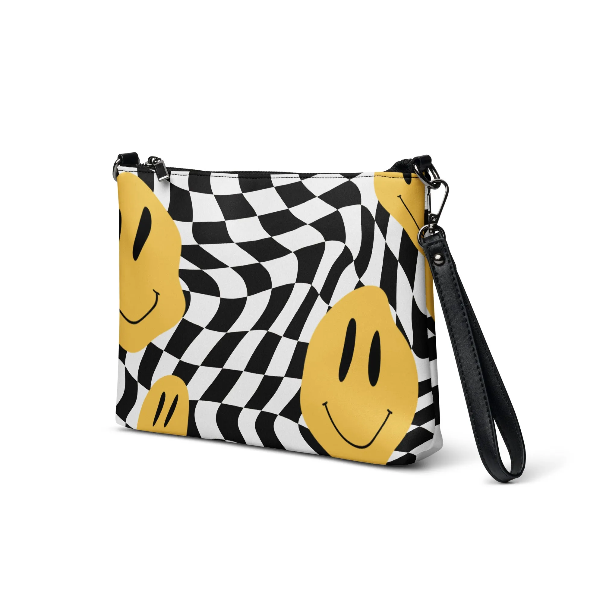 Retro Black & White Checkered Smiley Face Crossbody Bag