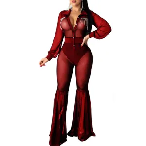 Solid Sheer Mesh Patchwork Bell Bottom Jumpsuit