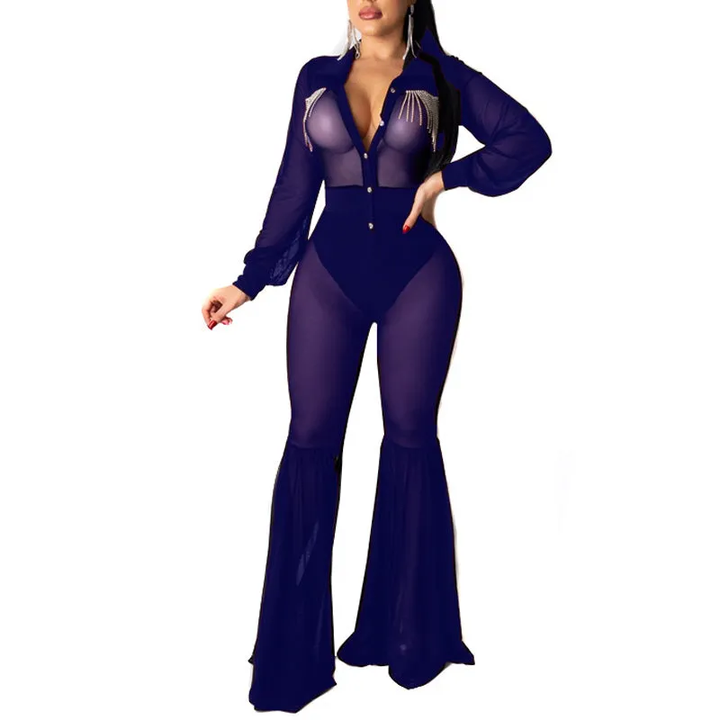 Solid Sheer Mesh Patchwork Bell Bottom Jumpsuit