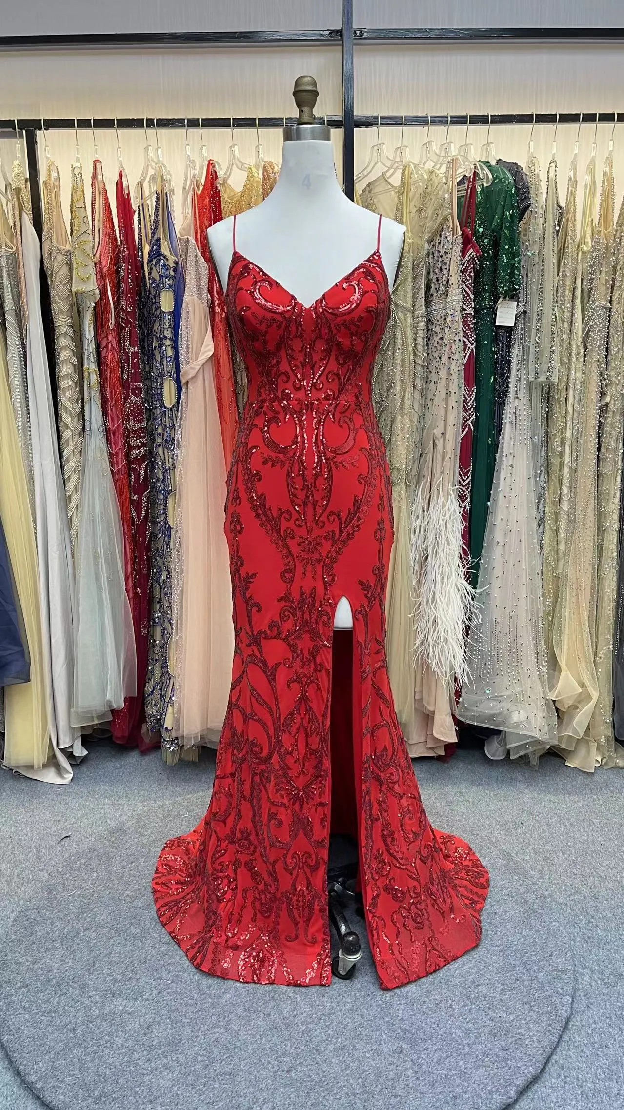 Spaghetti Straps V-neck Red Bodice Prom Dress with Slit