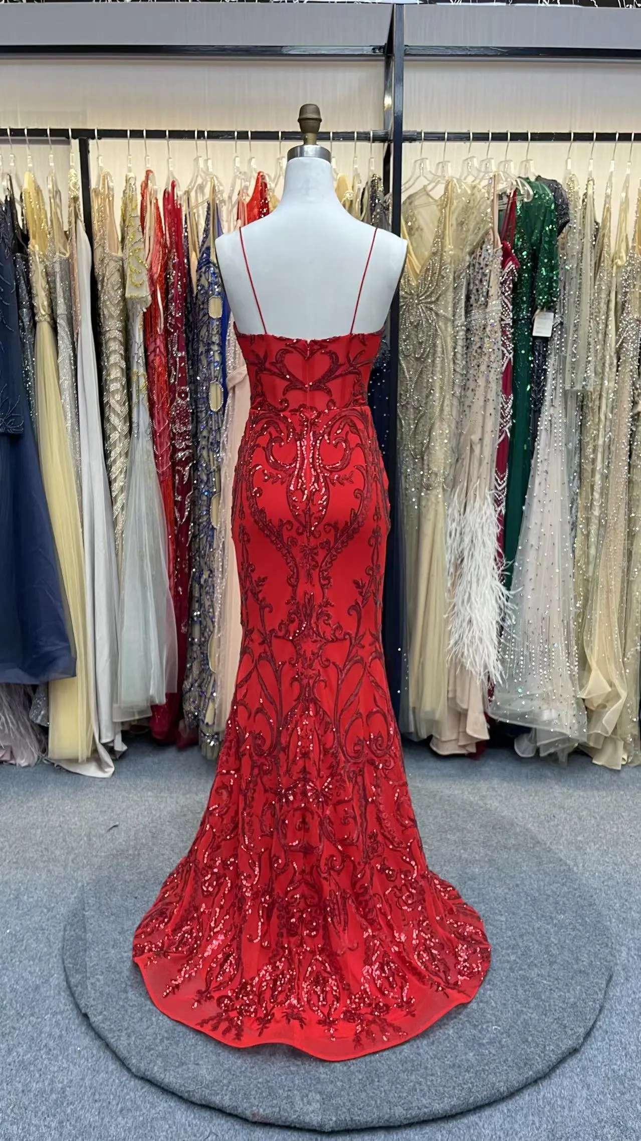 Spaghetti Straps V-neck Red Bodice Prom Dress with Slit