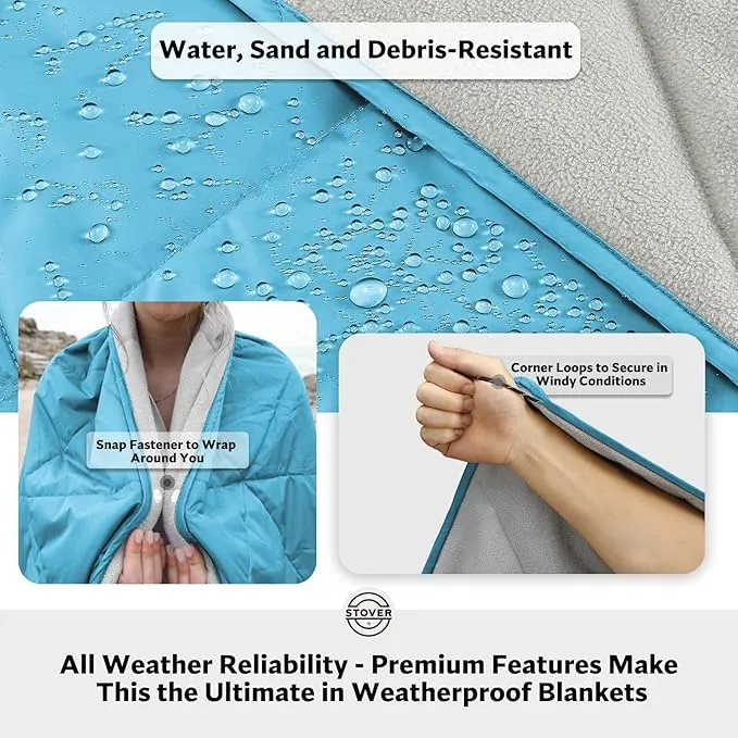 STOVER Outdoor Waterproof Fleece Travel Blanket for Camping, Picnics, Stadiums, Sports, Boating, The Beach– Warm, Windproof, Compact, Lightweight & Sand-Resistant w/Packable Carrying Bag (Light Blue)