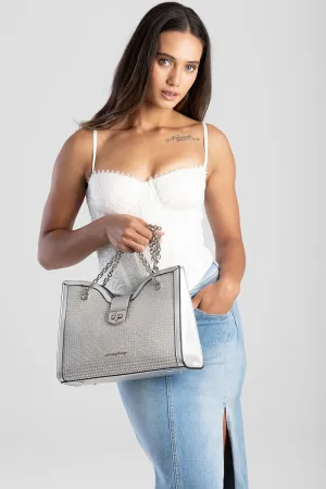 Structured Tote Bag With Chain Strap - Silver