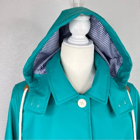 Talbots Classic Raincoat Green/Blue &amp; White Gingham Button Up Hooded Jacket