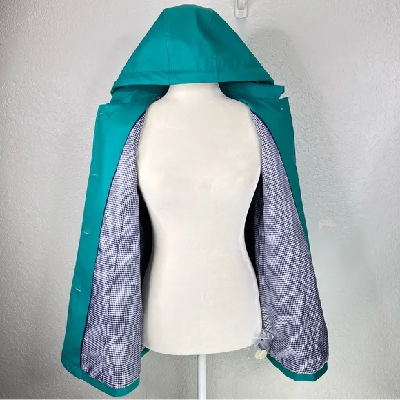 Talbots Classic Raincoat Green/Blue &amp; White Gingham Button Up Hooded Jacket