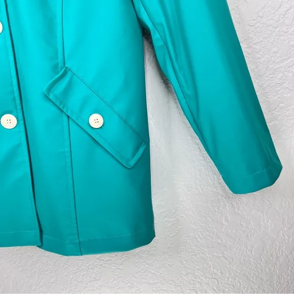 Talbots Classic Raincoat Green/Blue &amp; White Gingham Button Up Hooded Jacket