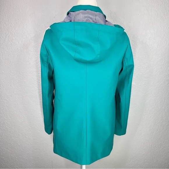 Talbots Classic Raincoat Green/Blue &amp; White Gingham Button Up Hooded Jacket