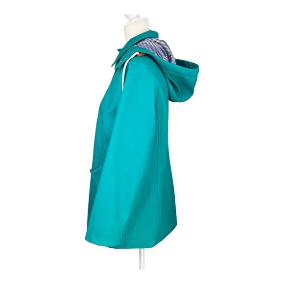 Talbots Classic Raincoat Green/Blue &amp; White Gingham Button Up Hooded Jacket