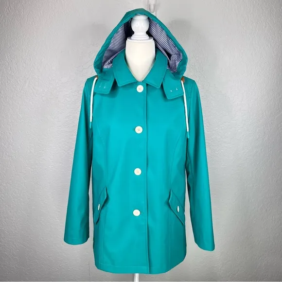 Talbots Classic Raincoat Green/Blue &amp; White Gingham Button Up Hooded Jacket