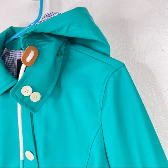 Talbots Classic Raincoat Green/Blue &amp; White Gingham Button Up Hooded Jacket