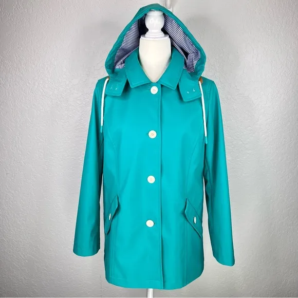 Talbots Classic Raincoat Green/Blue &amp; White Gingham Button Up Hooded Jacket