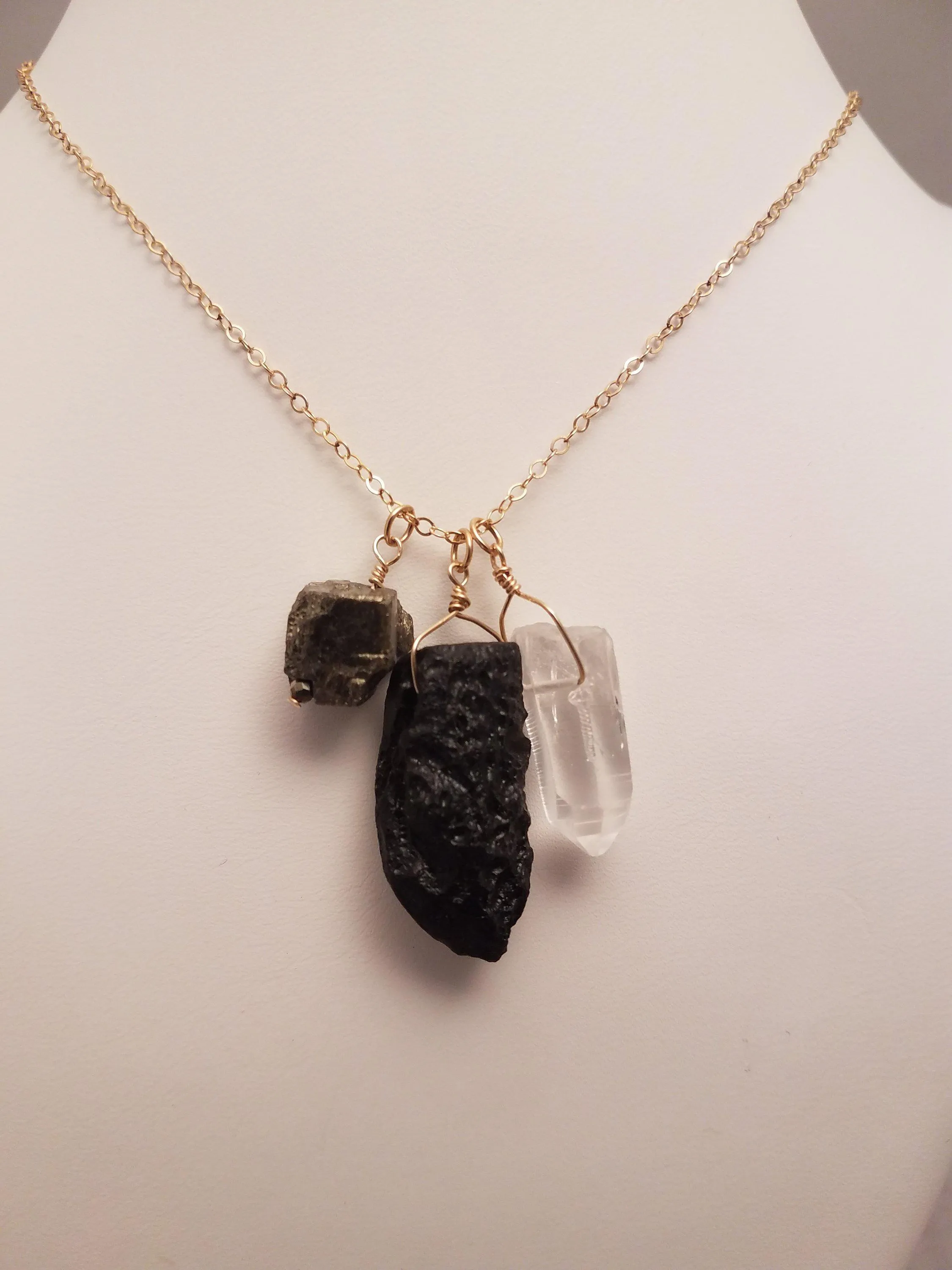 Trio of Tektite, Quartz Crystal and Pyrite Gemstones Pendant on Gold-Filled Chain Protects, Grounds and Amplifies Abundance.