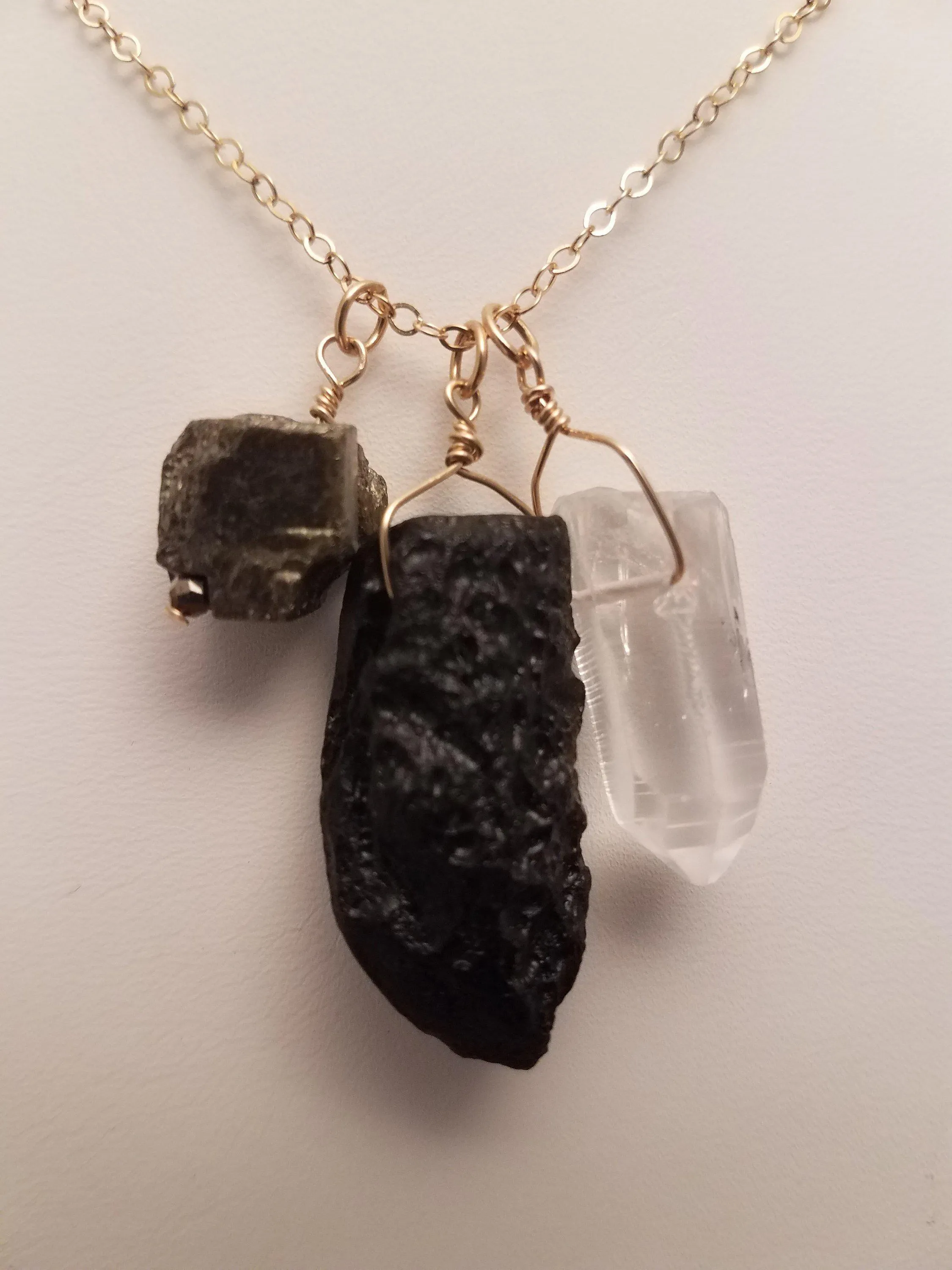 Trio of Tektite, Quartz Crystal and Pyrite Gemstones Pendant on Gold-Filled Chain Protects, Grounds and Amplifies Abundance.