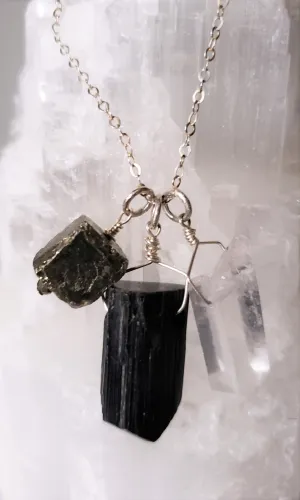 Trio of Tektite, Quartz Crystal and Pyrite Gemstones Pendant on Sterling Silver Chain Protects, Grounds and Amplifies Abundance.