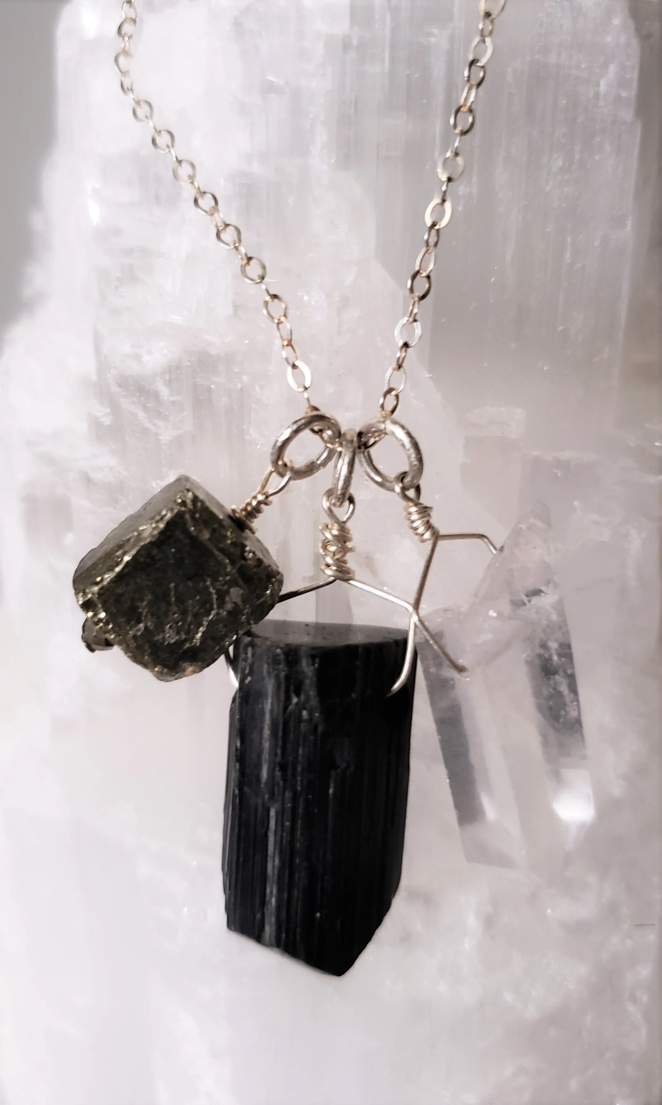 Trio of Tektite, Quartz Crystal and Pyrite Gemstones Pendant on Sterling Silver Chain Protects, Grounds and Amplifies Abundance.