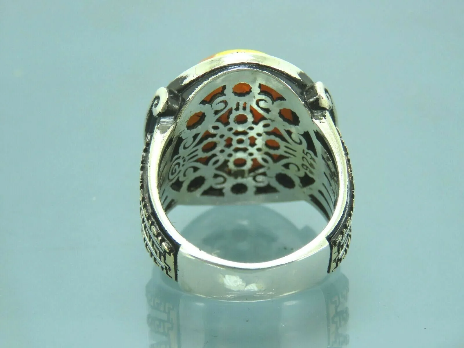 Turkish Handmade Jewelry 925 Sterling Silver Amber Stone Eastern Mens Rings