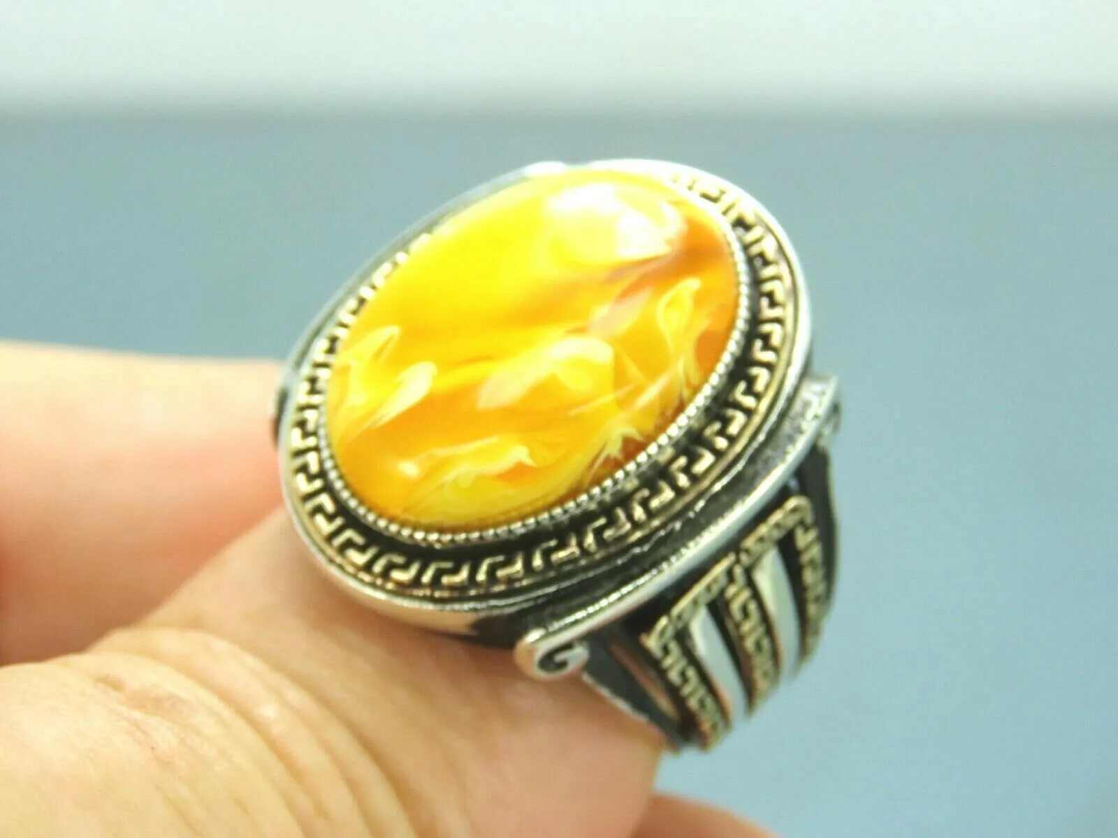 Turkish Handmade Jewelry 925 Sterling Silver Amber Stone Eastern Mens Rings