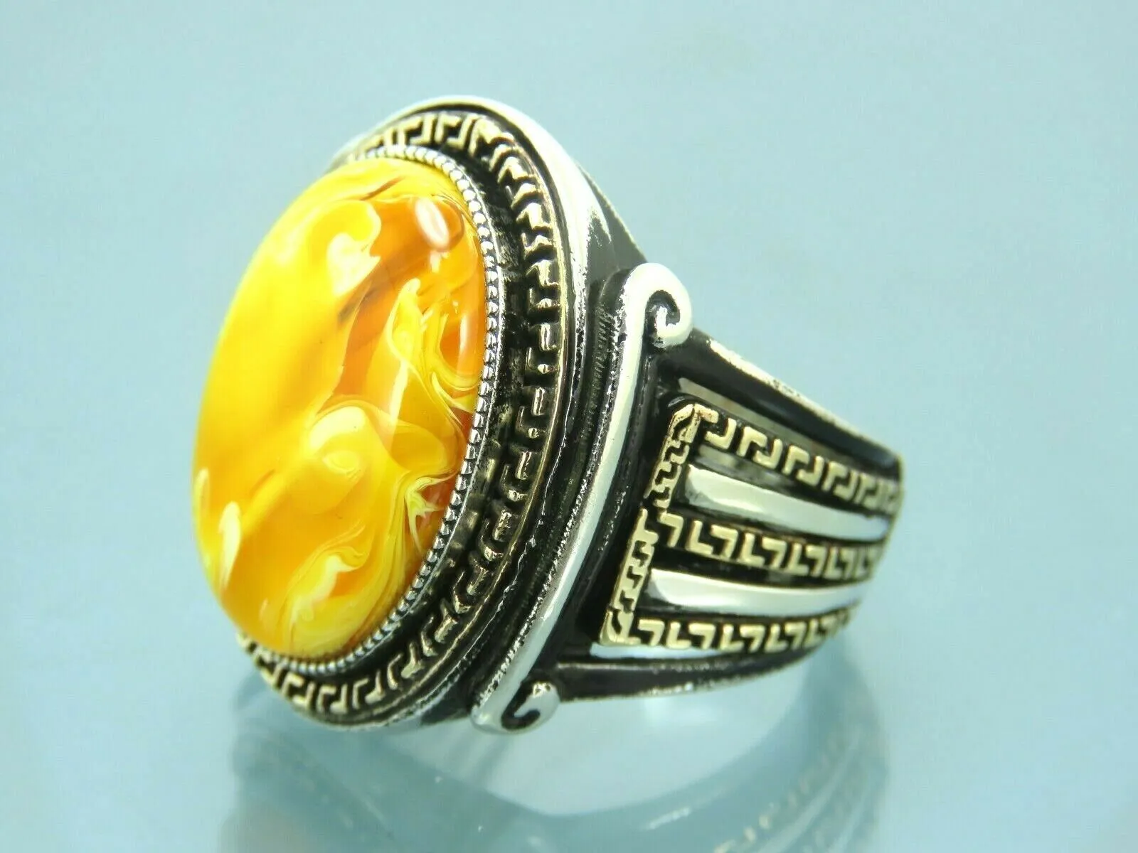 Turkish Handmade Jewelry 925 Sterling Silver Amber Stone Eastern Mens Rings
