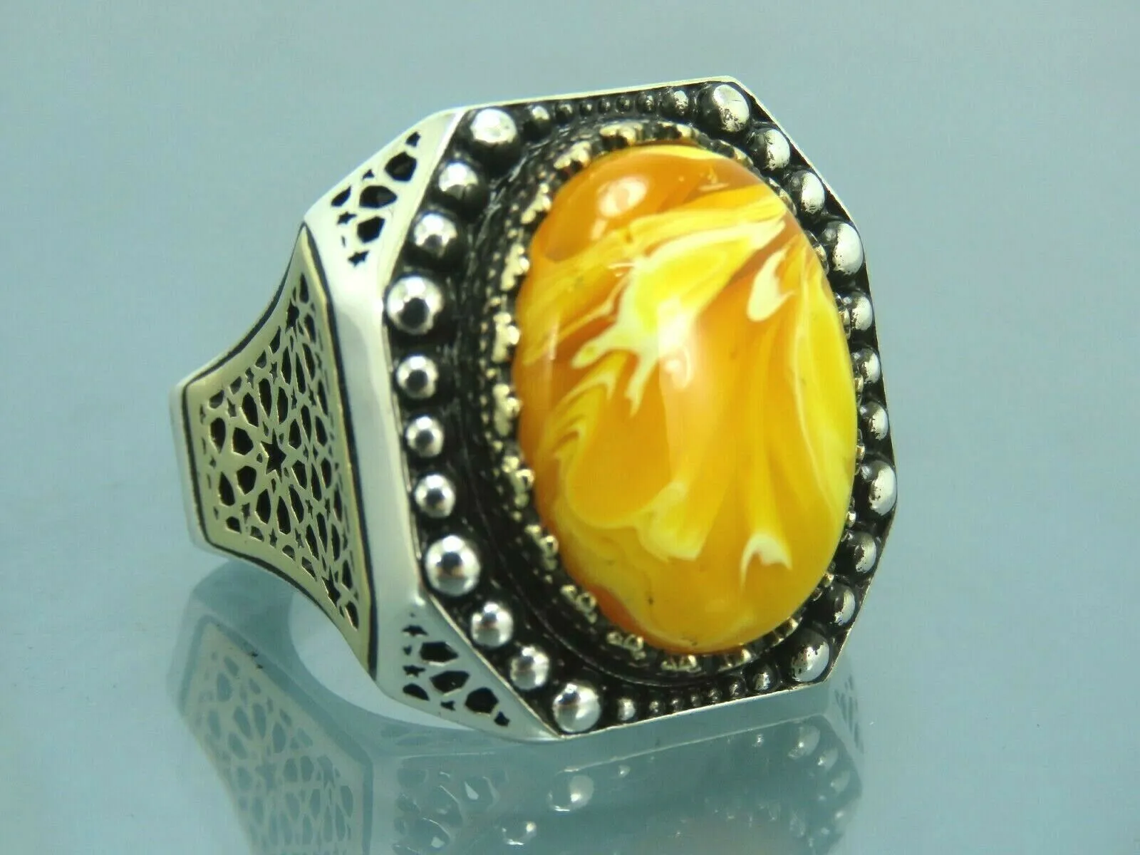 Turkish Handmade Jewelry 925 Sterling Silver Amber Stone Mens Rings