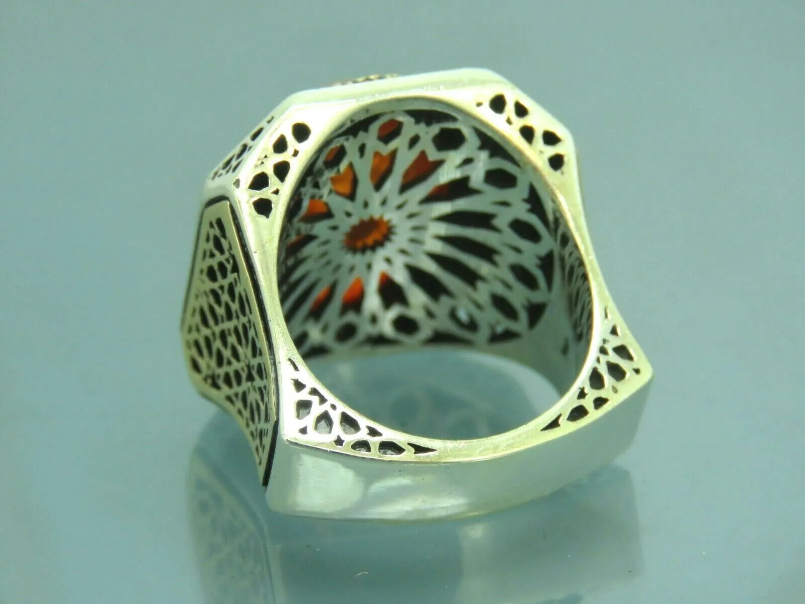 Turkish Handmade Jewelry 925 Sterling Silver Amber Stone Mens Rings