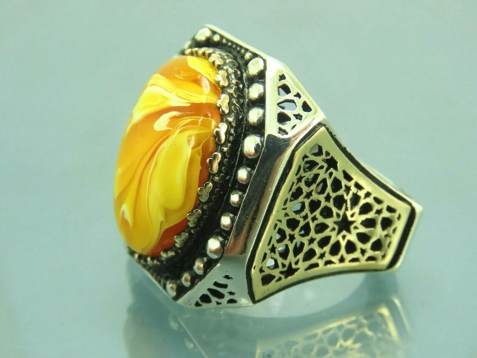 Turkish Handmade Jewelry 925 Sterling Silver Amber Stone Mens Rings