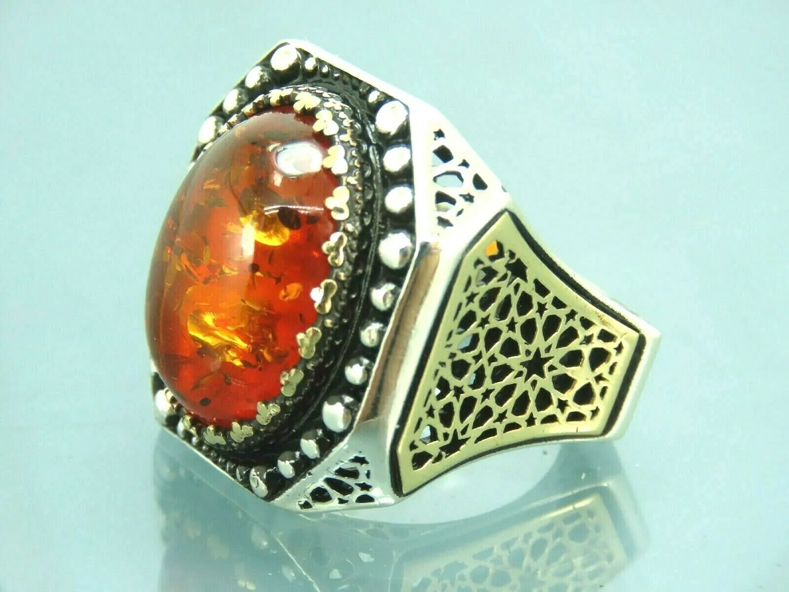 Turkish Handmade Jewelry 925 Sterling Silver Amber Stone Mens Rings