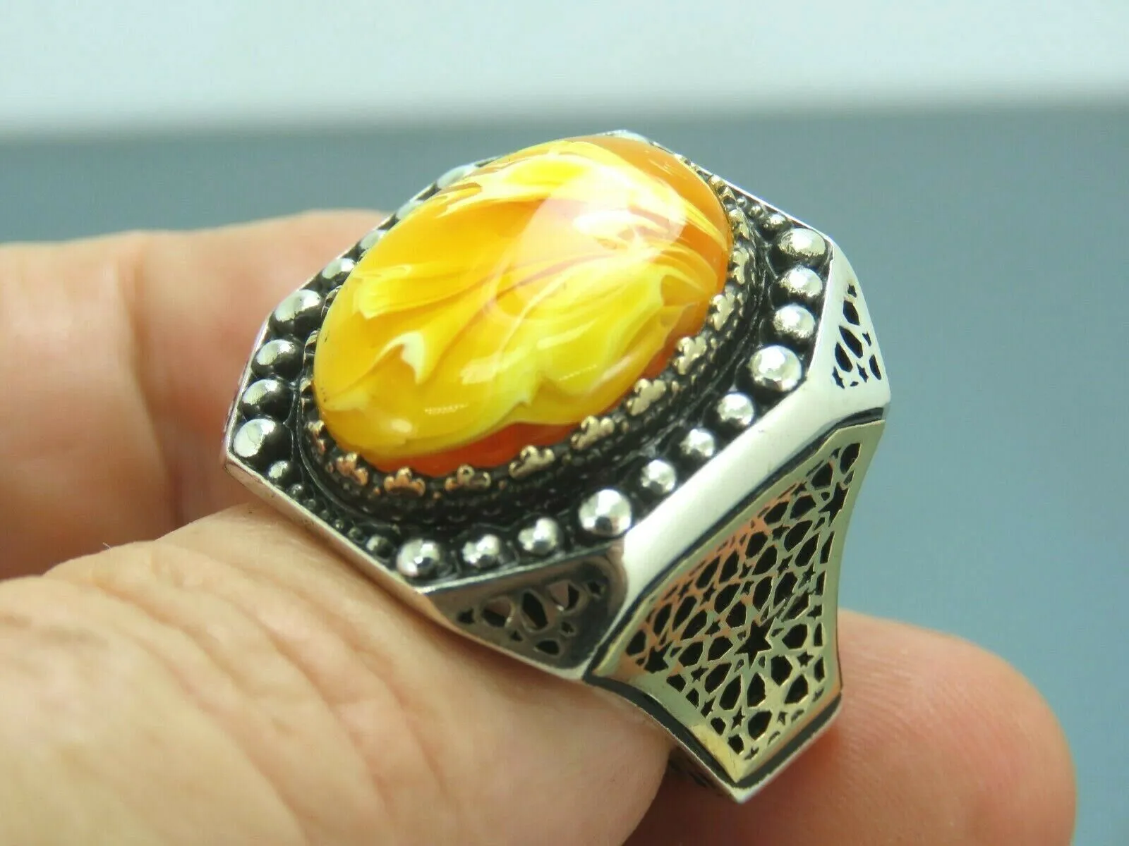 Turkish Handmade Jewelry 925 Sterling Silver Amber Stone Mens Rings