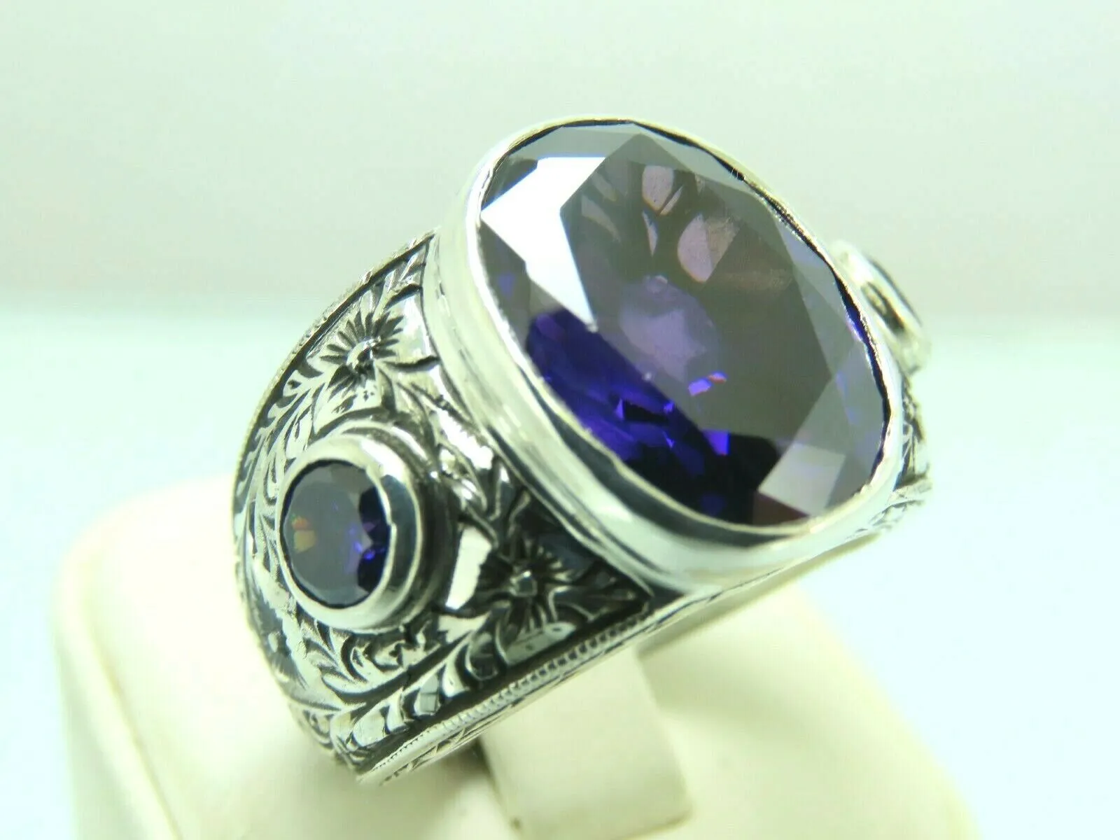 Turkish Handmade Jewelry 925 Sterling Silver Amethyst Stone Engraved Mens Rings