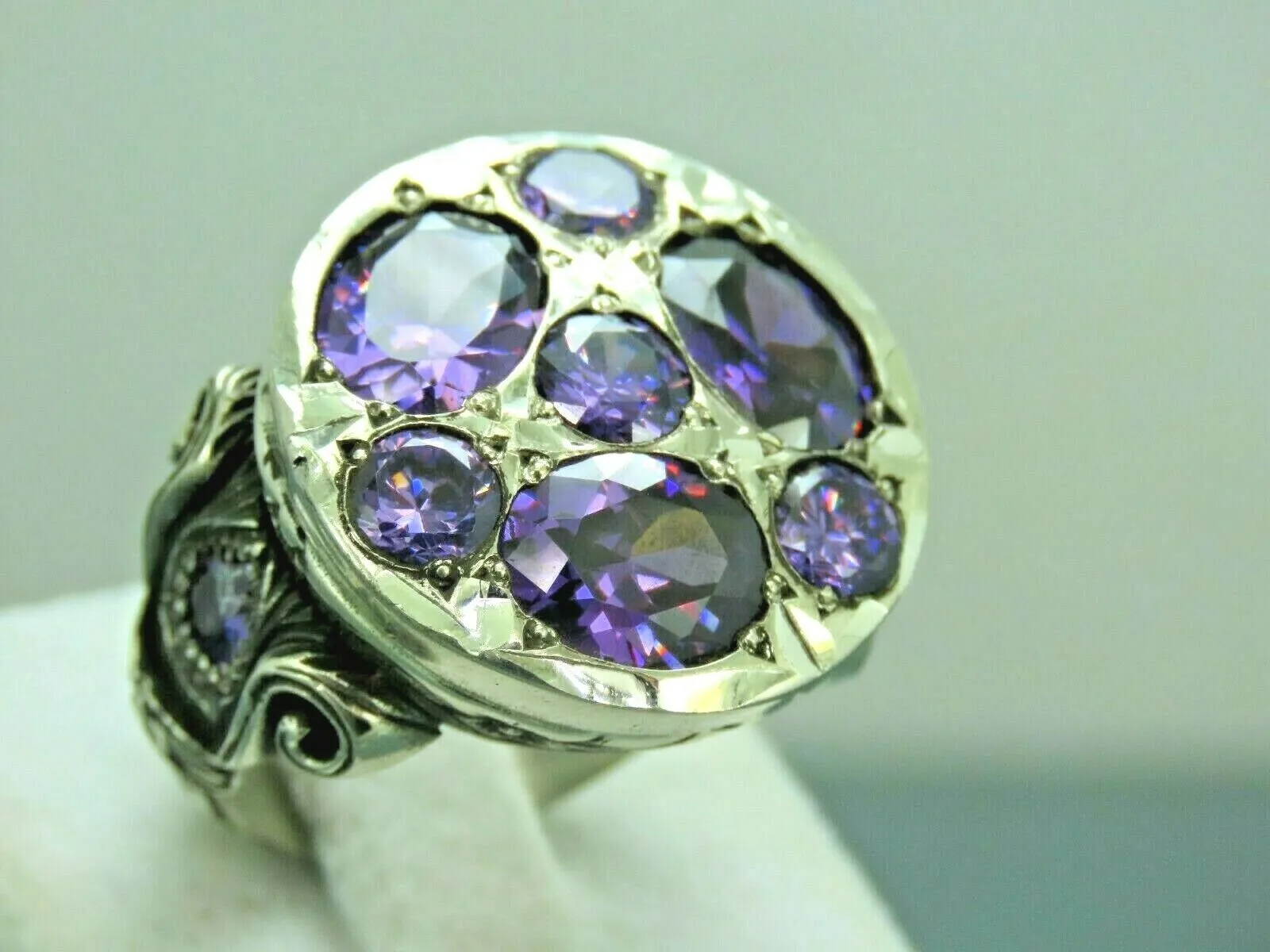 Turkish Handmade Jewelry 925 Sterling Silver Amethyst Stone Engraved Mens Rings