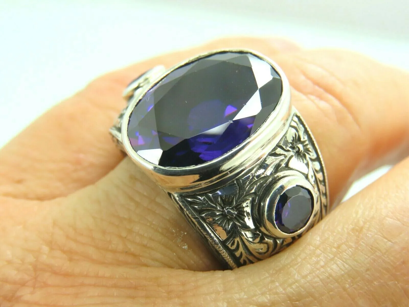 Turkish Handmade Jewelry 925 Sterling Silver Amethyst Stone Engraved Mens Rings