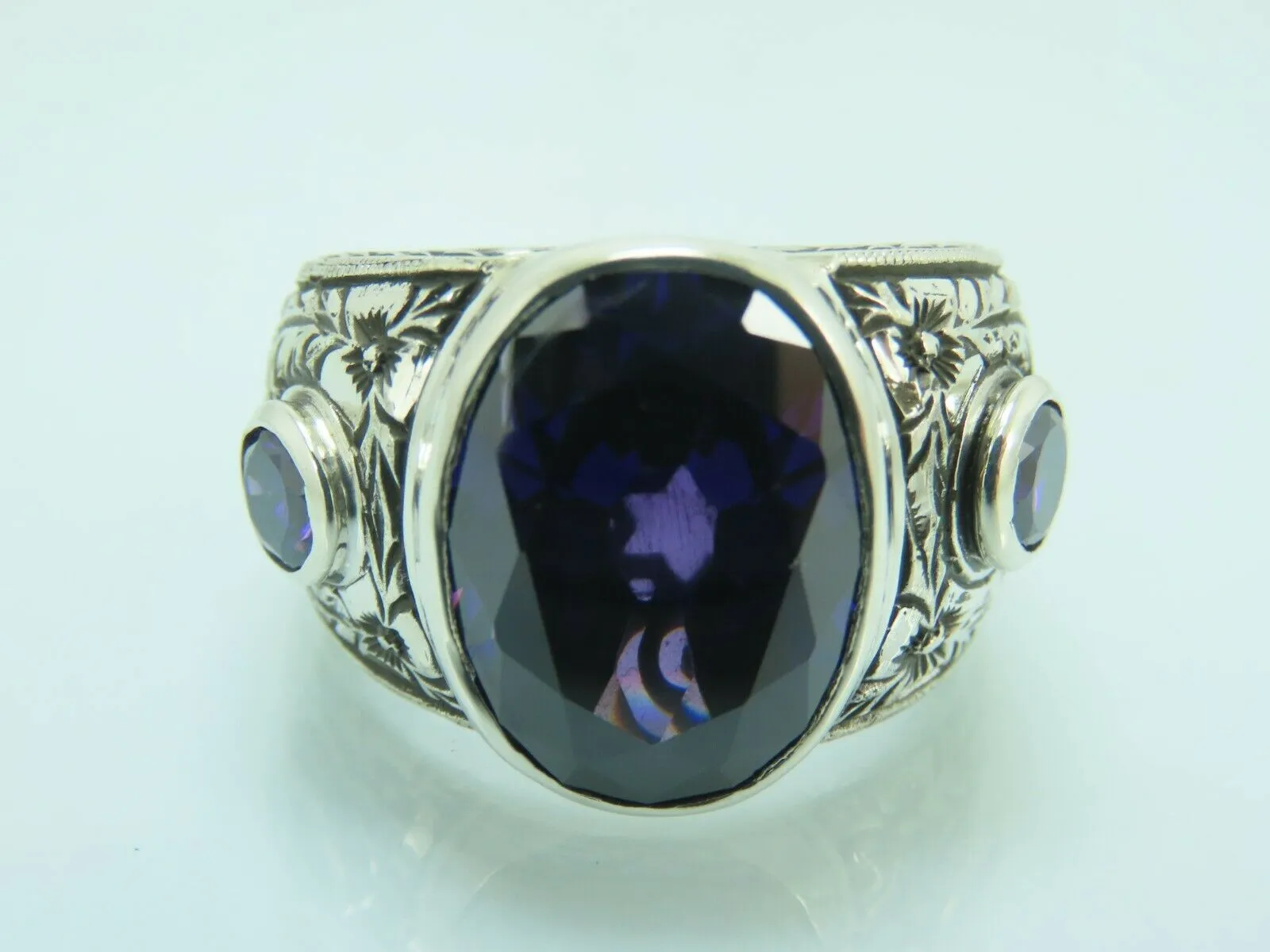 Turkish Handmade Jewelry 925 Sterling Silver Amethyst Stone Engraved Mens Rings