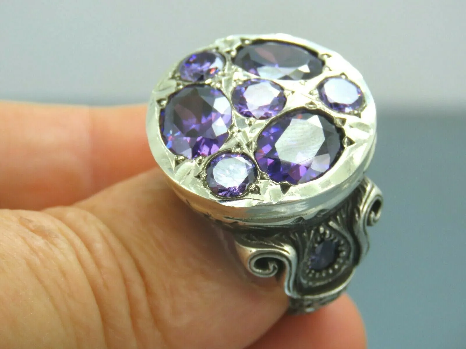 Turkish Handmade Jewelry 925 Sterling Silver Amethyst Stone Engraved Mens Rings