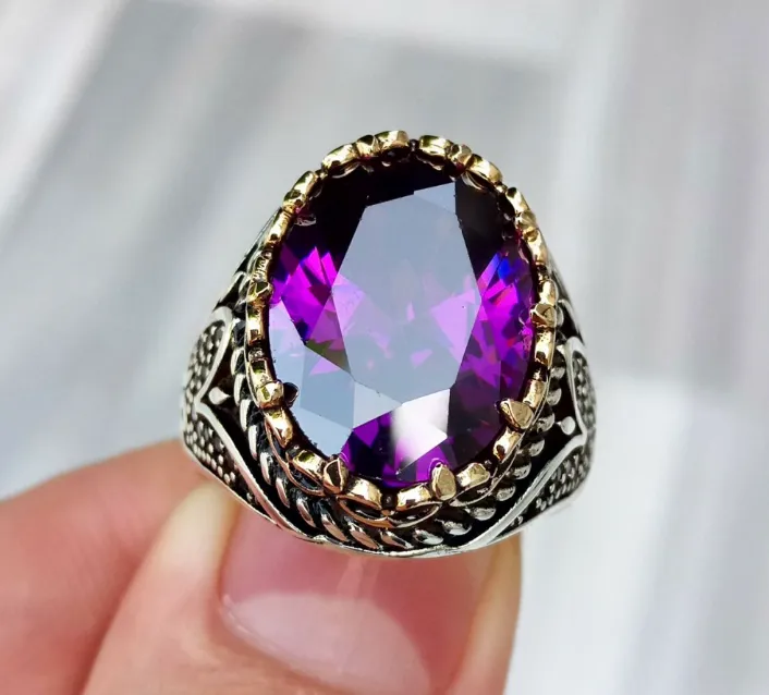 Turkish Handmade Jewelry 925 Sterling Silver Amethyst Stone Mens Rings