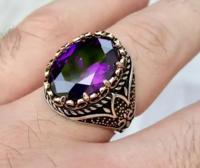Turkish Handmade Jewelry 925 Sterling Silver Amethyst Stone Mens Rings