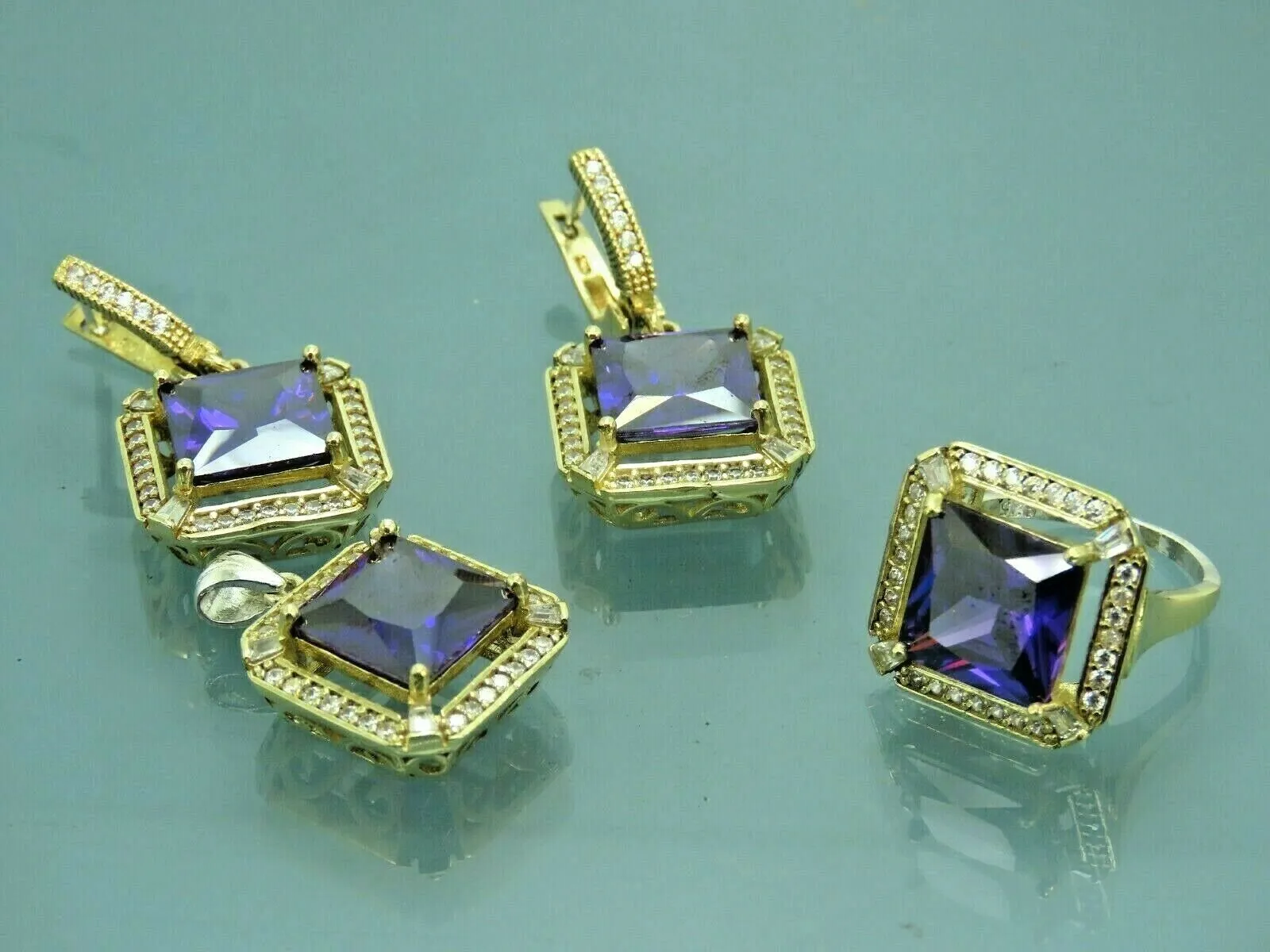Turkish Handmade Jewelry 925 Sterling Silver Amethyst Stone Women's Earrings, Pendant & Ring Jewelry Set