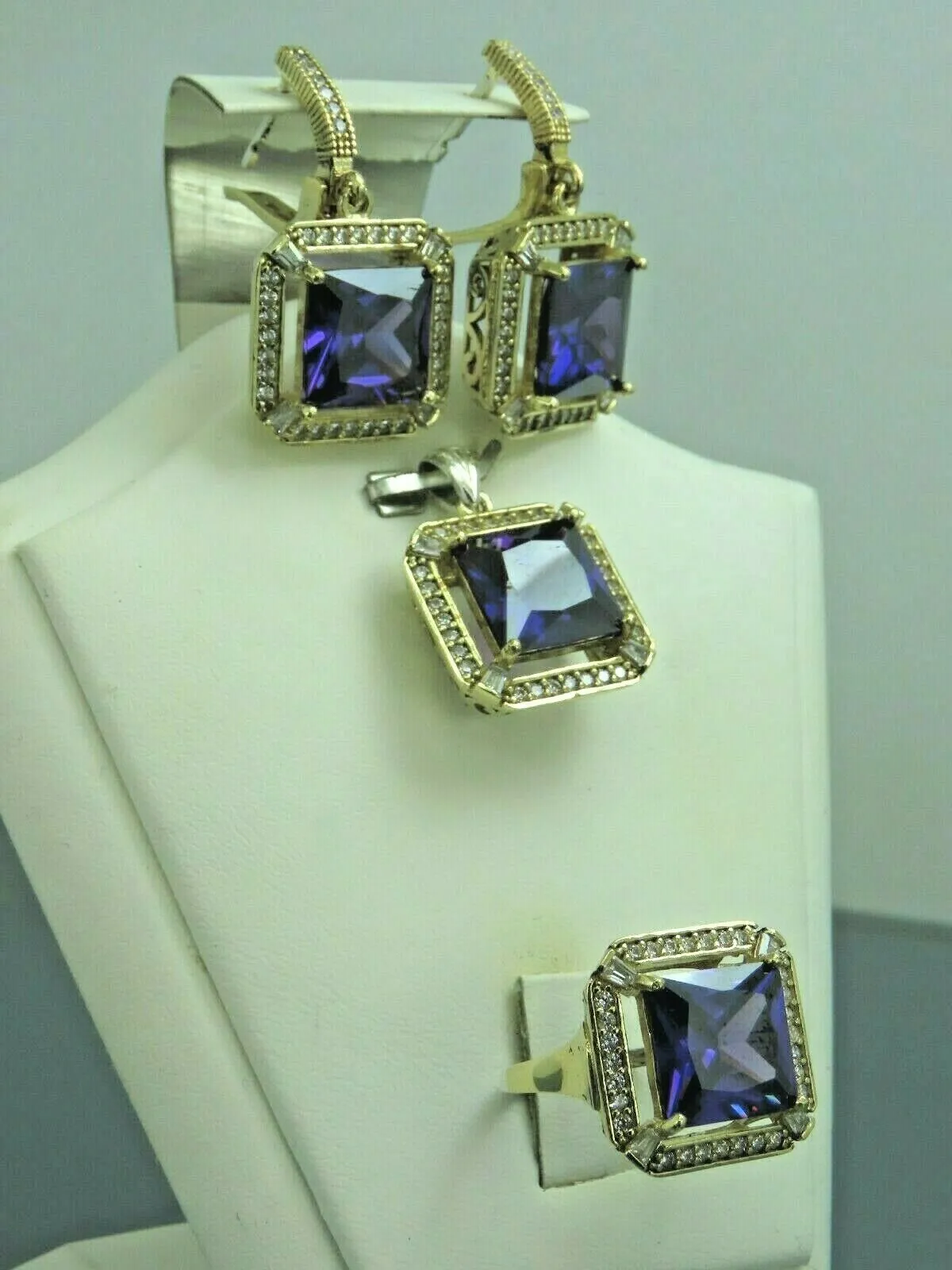 Turkish Handmade Jewelry 925 Sterling Silver Amethyst Stone Women's Earrings, Pendant & Ring Jewelry Set