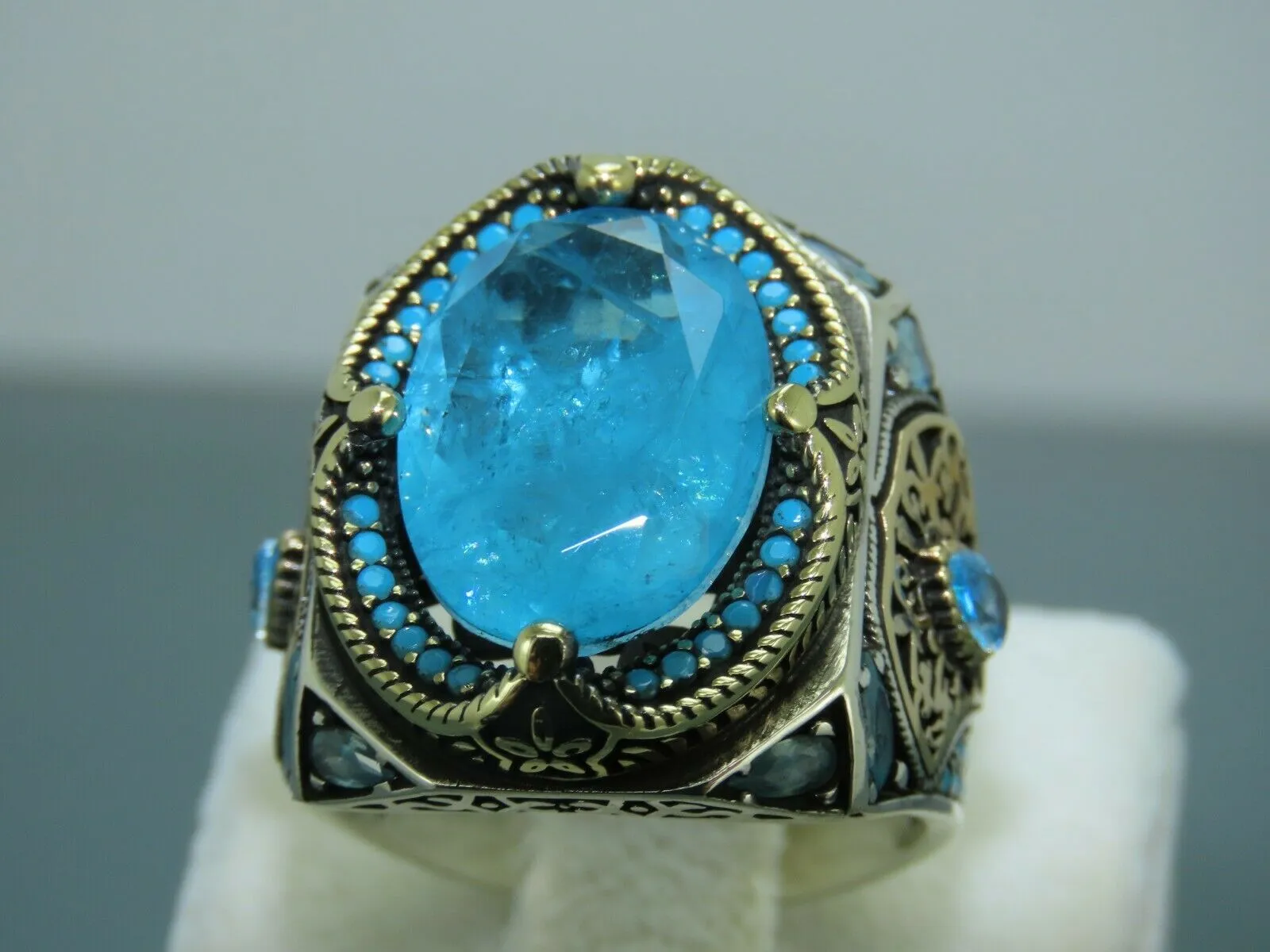 Turkish Handmade Jewelry 925 Sterling Silver Aquamarine Stone Mens Rings