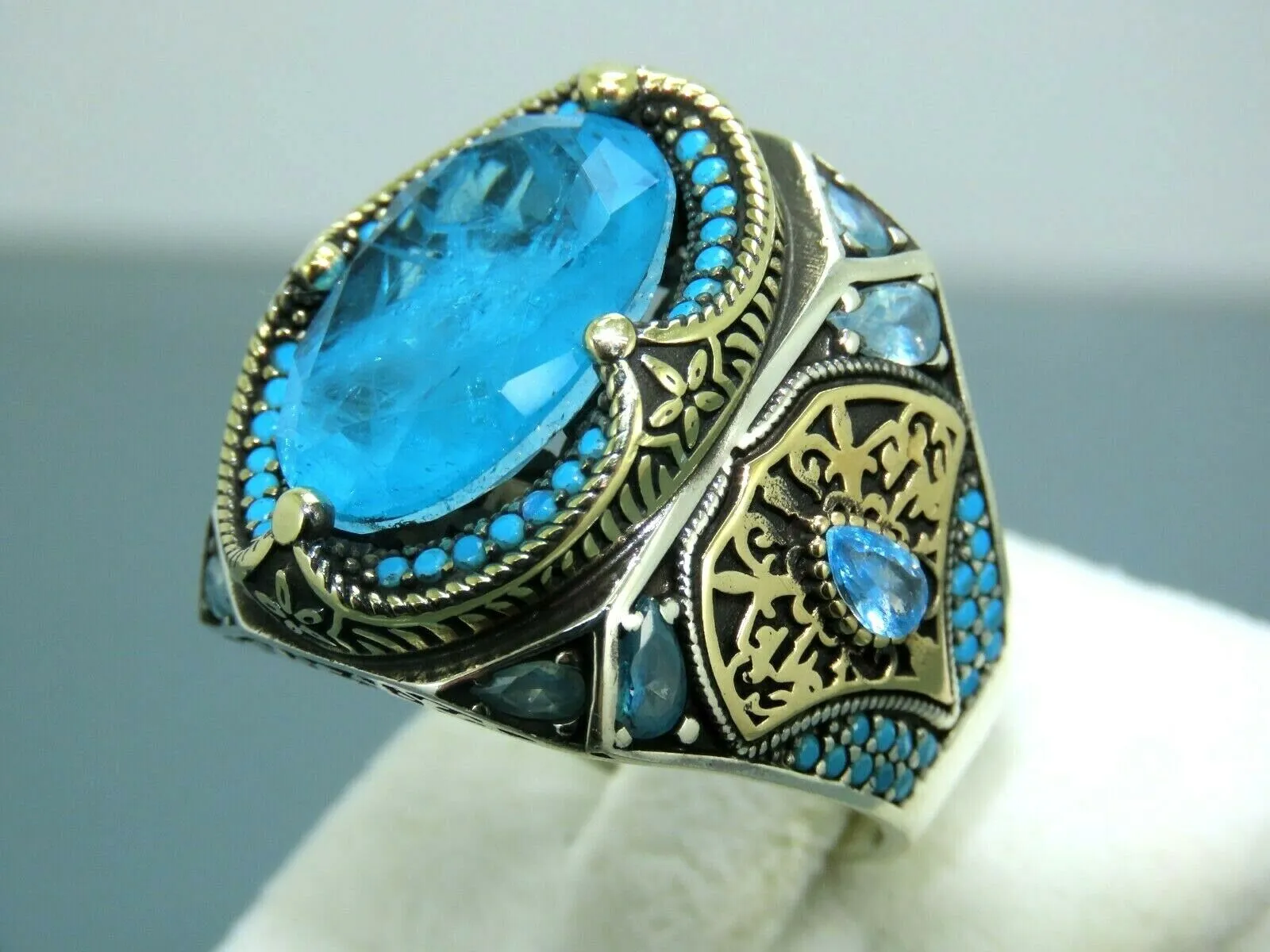 Turkish Handmade Jewelry 925 Sterling Silver Aquamarine Stone Mens Rings