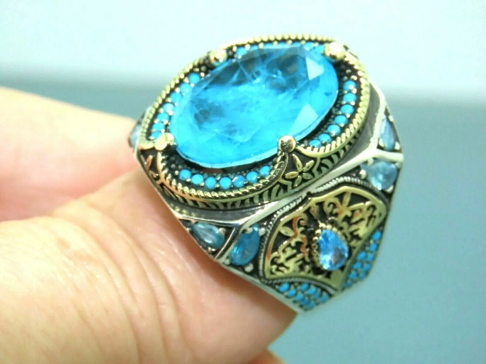 Turkish Handmade Jewelry 925 Sterling Silver Aquamarine Stone Mens Rings