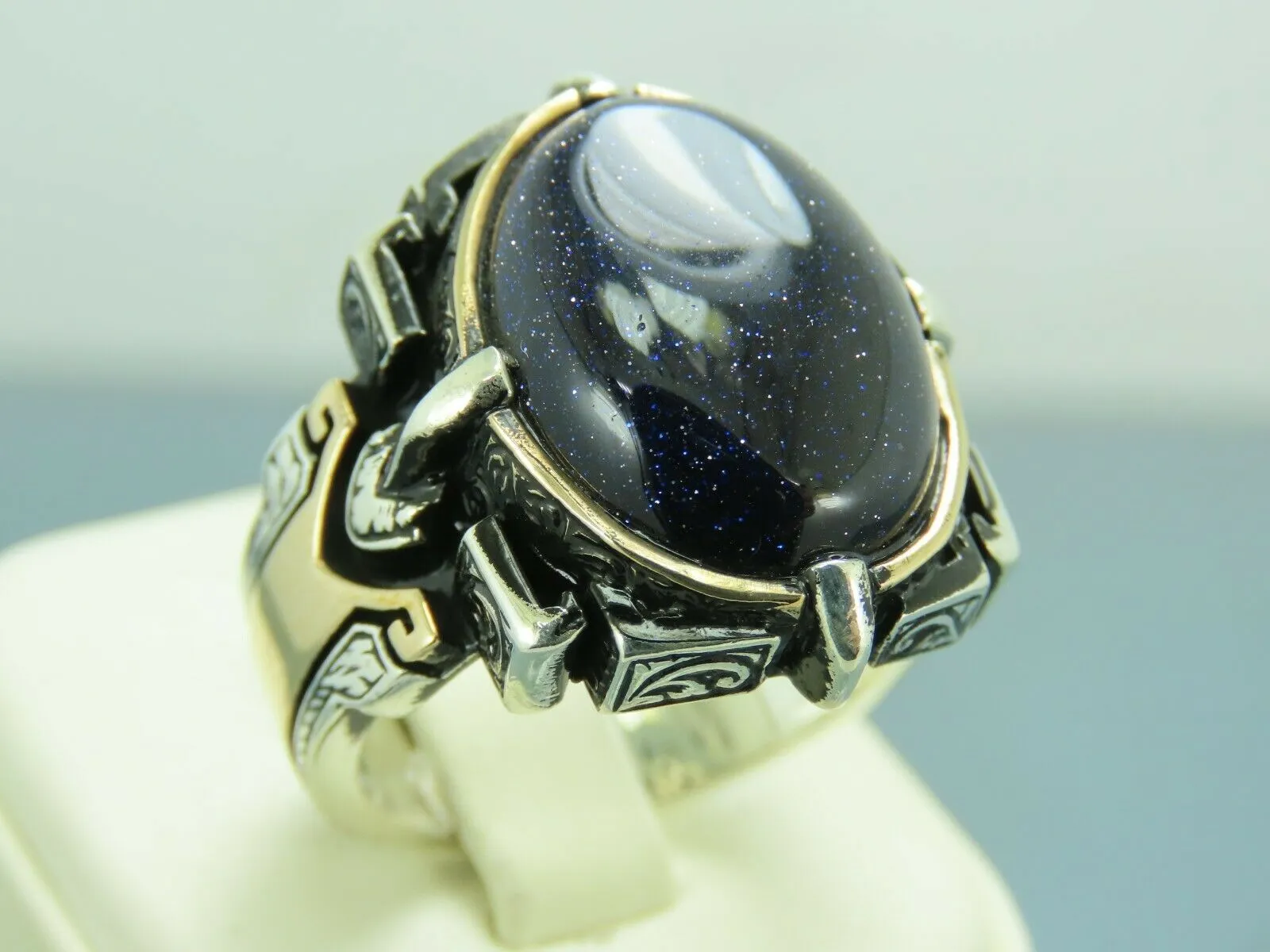 Turkish Handmade Jewelry 925 Sterling Silver Aventurine Stone Mens Rings