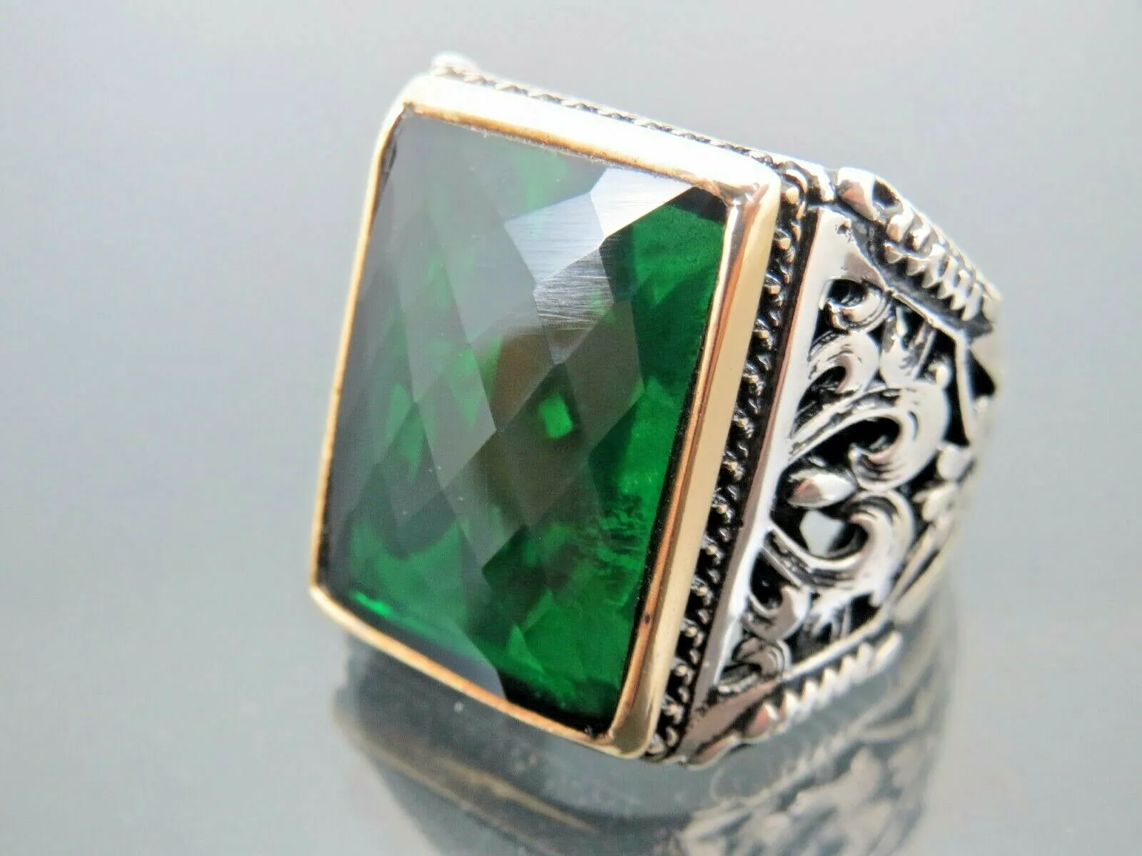 Turkish Handmade Jewelry 925 Sterling Silver Emerald Stone Engraved Mens Rings