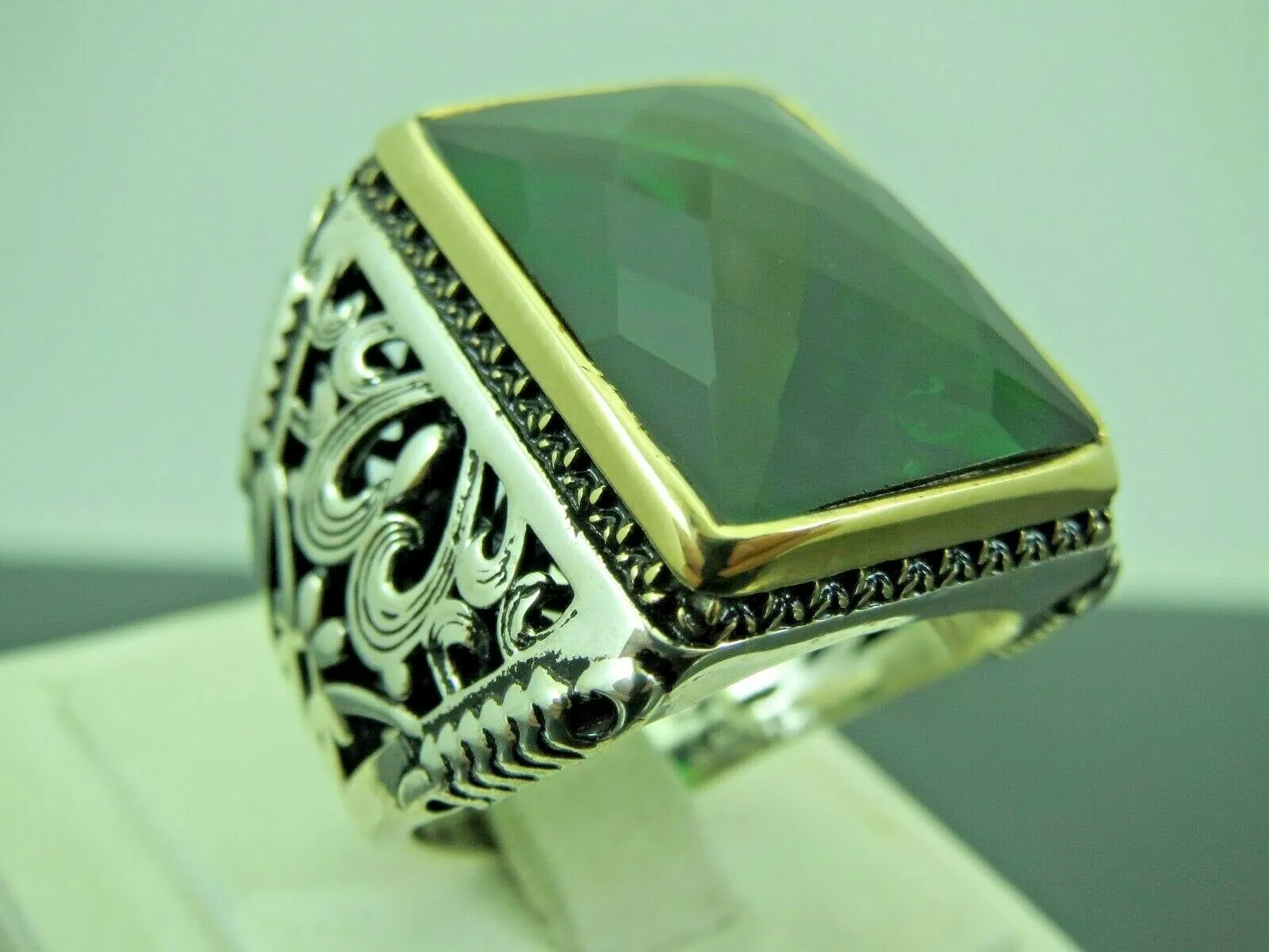 Turkish Handmade Jewelry 925 Sterling Silver Emerald Stone Engraved Mens Rings