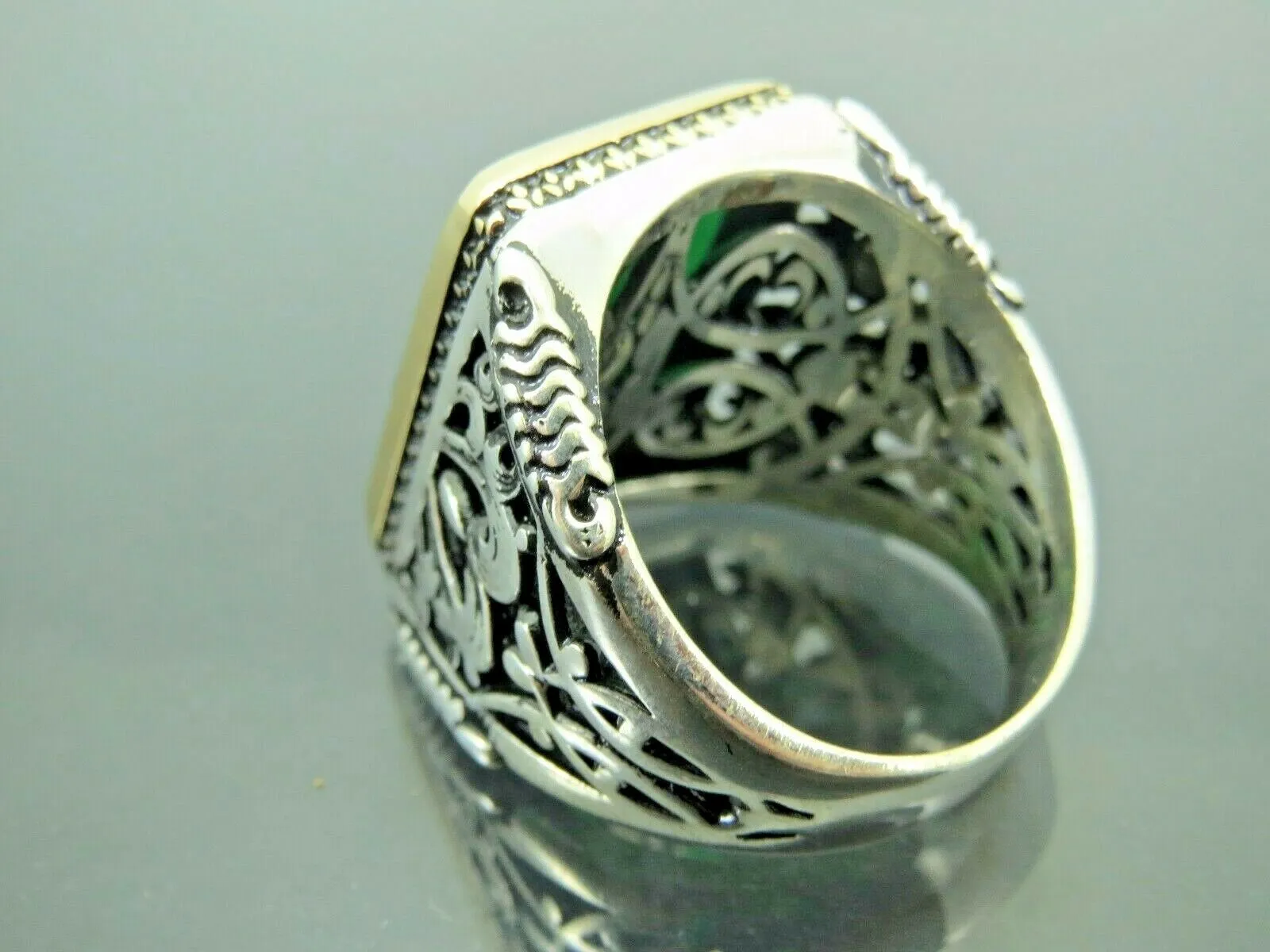 Turkish Handmade Jewelry 925 Sterling Silver Emerald Stone Engraved Mens Rings