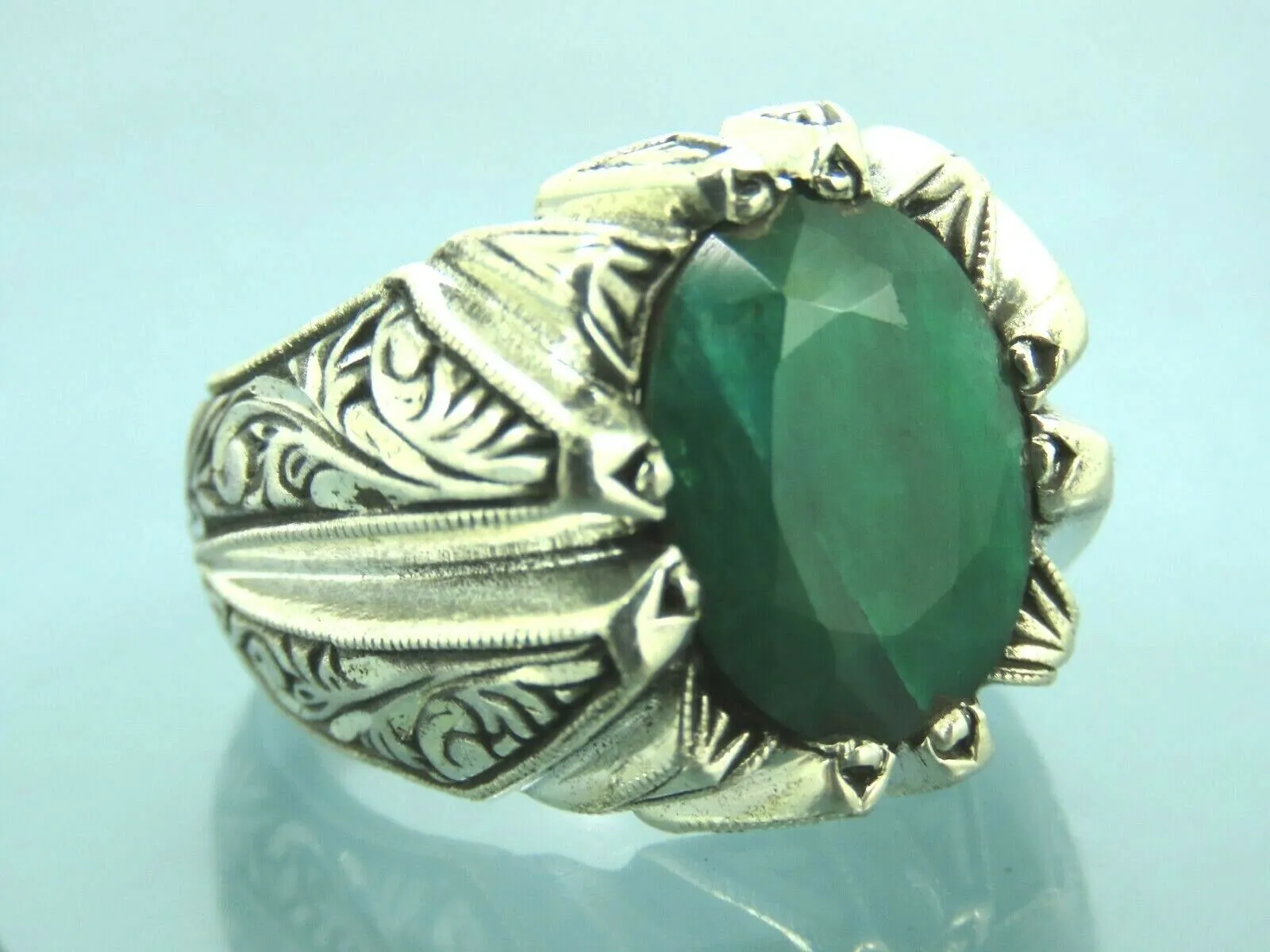 Turkish Handmade Jewelry 925 Sterling Silver Emerald Stone Mens Rings