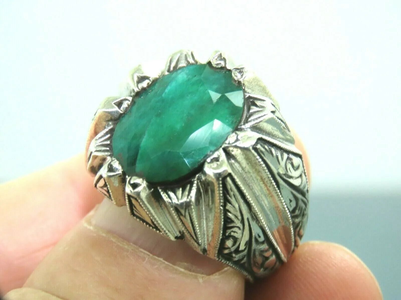 Turkish Handmade Jewelry 925 Sterling Silver Emerald Stone Mens Rings